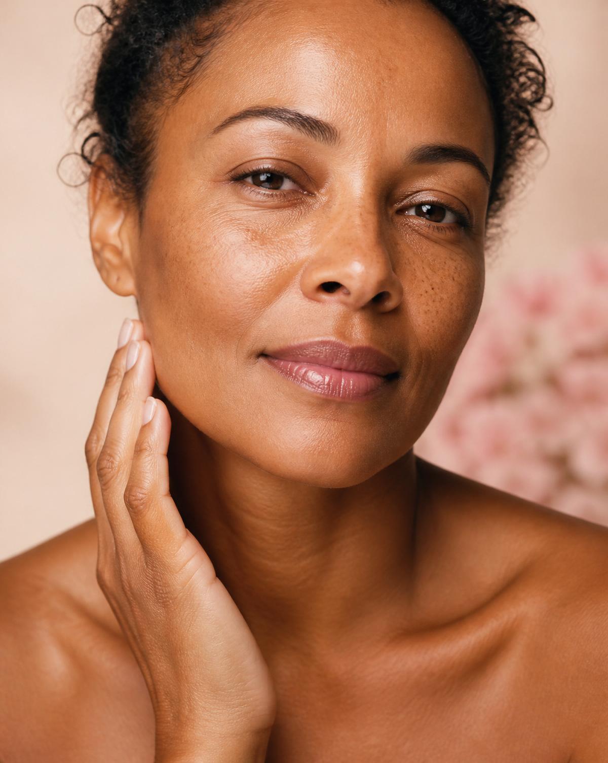 Mature melanin-rich skin with natural freckles representing skin rejuvenation at Camo Blush Studios