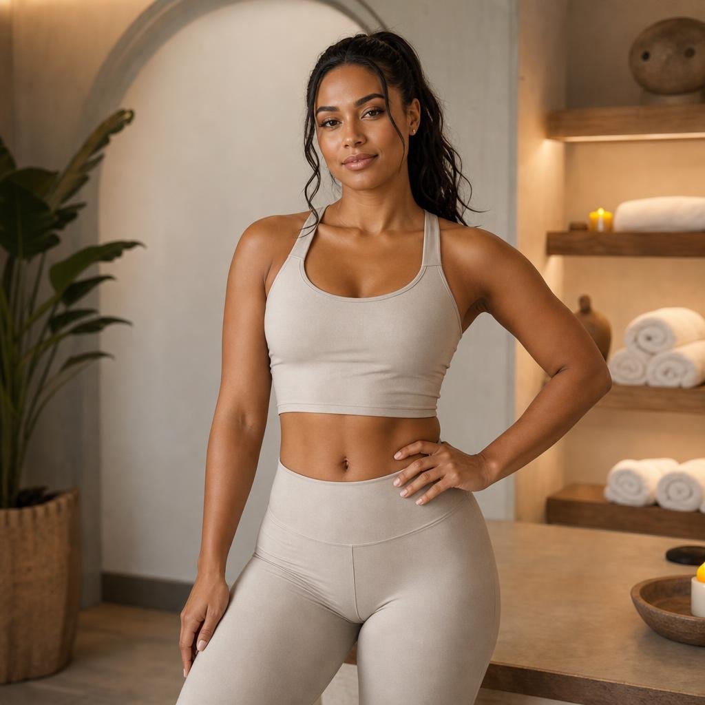 Confident medium-brown skin tone woman considering body contouring scar camouflage at Camo Blush Studios