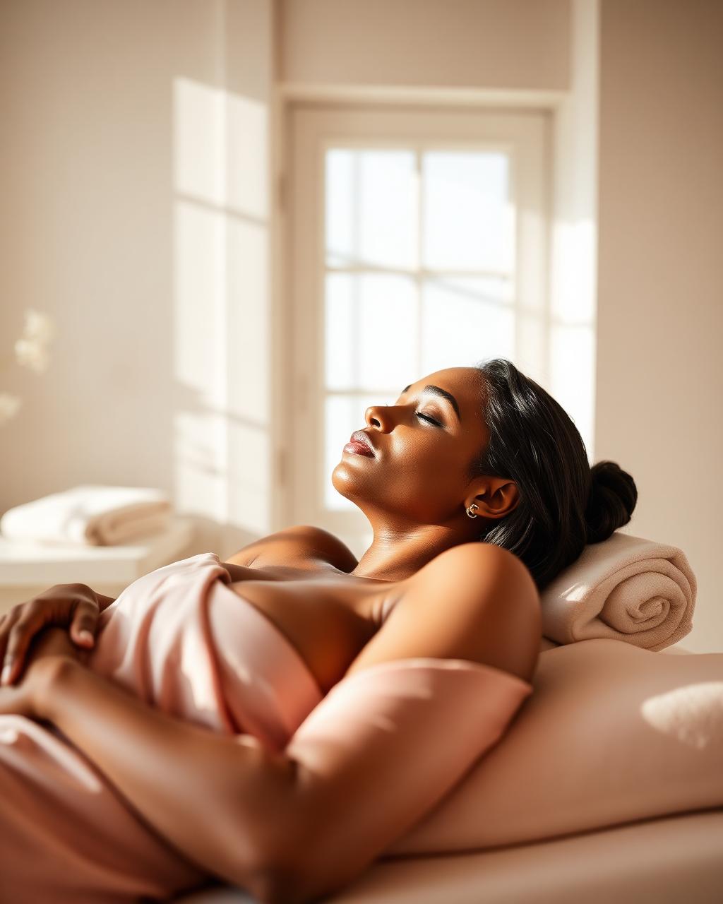 Woman resting peacefully in a serene studio setting representing breast and areola PMU restoration