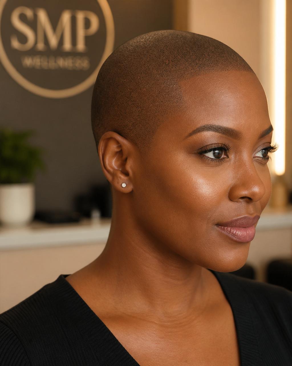 Melanin-rich scalp micropigmentation result showing a fuller, defined hairline at Camo Blush Studios
