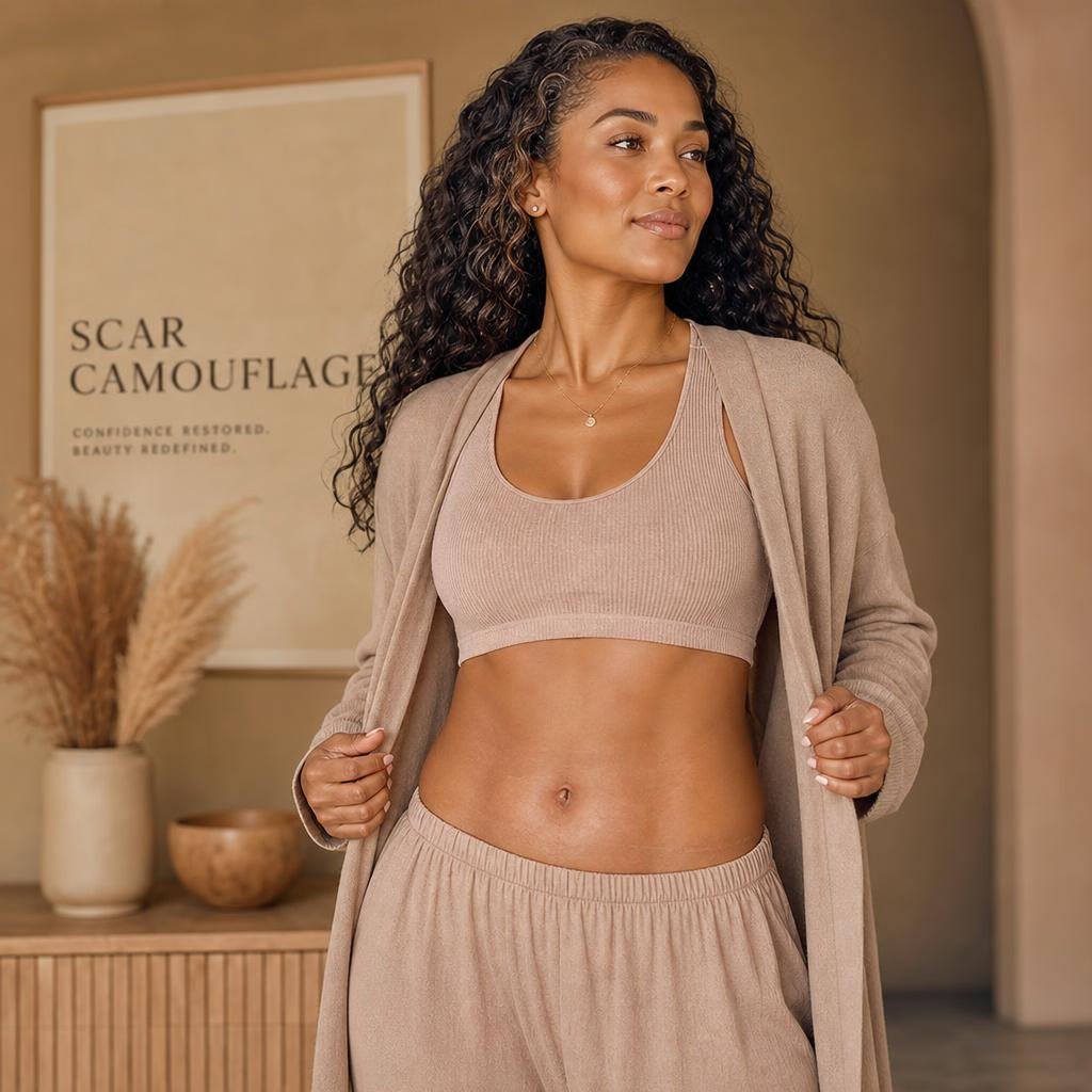 Confident light brown skin tone woman in the Camo Blush Studios space after surgery scar camouflage treatment